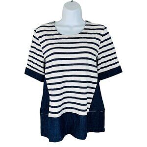 AG Adriano Goldschmied Women's Size M Striped Contrasting Sold Blue White Top